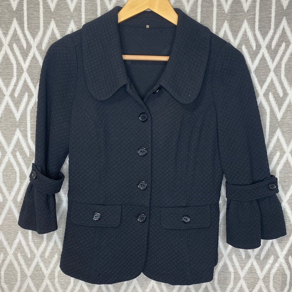 Cropped 100%Wool Peplum Quilted Black Blazer with 3/4 Peplum Sleeve Size: Medium